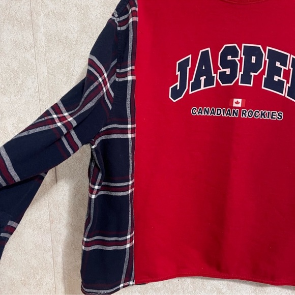 Upcycled “Jasper Rocky Mountains” sweatshirt with flannel. - Picture 3 of 5